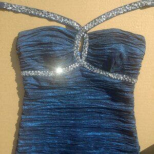 Y2K sapphire blue ruched dress glitter silver sequin halter stra…